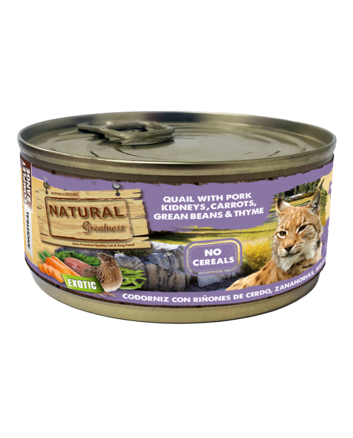 NATURAL GREATNESS (CAT) - CODORNIZ CON RIÑONES DE CERDO, ZANAHORIAS, JUDÍAS Y TOMILLO 170 G